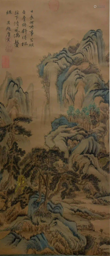 CHINESE SILK PAINTING HANGING SCROLL OF LANDSCAPE
