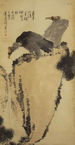 CHINESE PAINTING HANGING SCROLL OF BIRDS ON THE ROCK