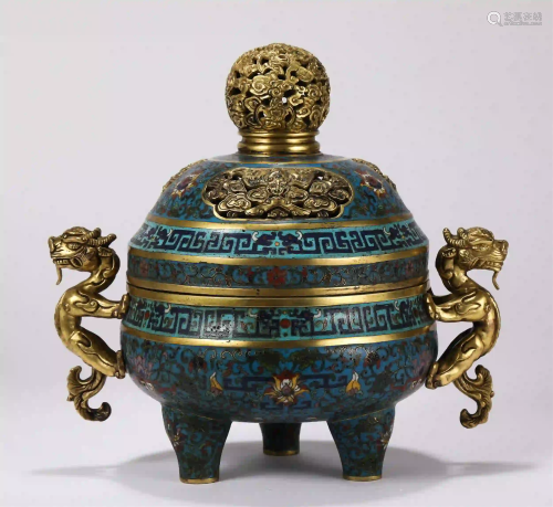 CHINESE CLOISONNE BEAST HANDLE TRIPLE-FOOTED INCENSE