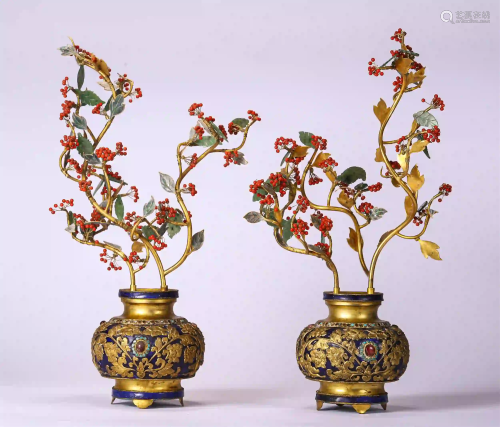 PAIR OF CHINESE GILT BRONZE ENAMELLED CORAL BEADS