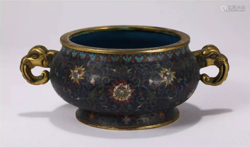 CHINESE CLOISONNE DOUBLE BEAST HANDLE ROUND CENSER