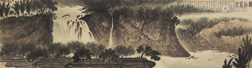 CHINESE INK PAINTING OF WATERFALL AND MOUNTAIN SCENERY