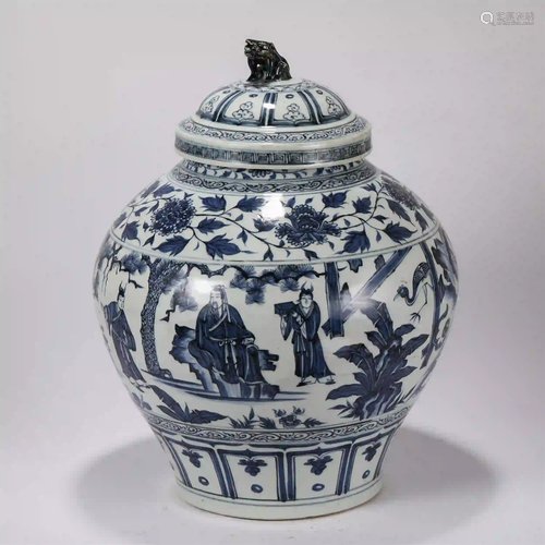 CHINESE BLUE AND WHITE FIGURE STORY PORCELAIN LIDDED