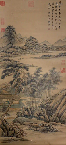 CHINESE SILK PAINTING HANGING SCROLL OF LANDSCAPE …