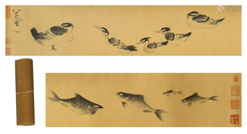 CHINESE INK PAINTING SCROLL OF DUCKS AND FISHES