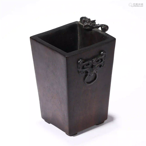 CHINESE RED SANDALWOOD CARVED BEAST PATTERN SQUARE CUP