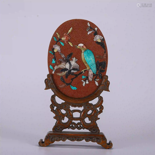 CHINESE GOLDSTONE INLAID GEMS FLOWER AND BIRD TABLE