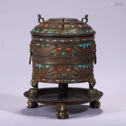 CHINESE GILT SILVER TRIPLE-FOOTED INCENSE BURNER INLAID