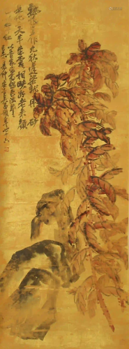 CHINESE PAINTING HANGING SCROLL OF FLOWERS AND ROCKS