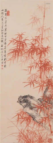 A CHINESE SCROLL PAINTING OF BAMBOO BY CINNABAR