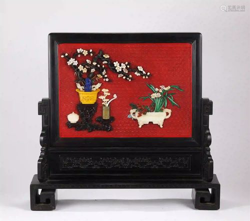 CHINESE RED SANDALWOOD INLAID GEMS FLOWER DESIGN TABLE