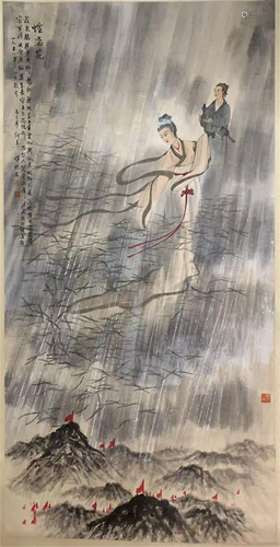 CHINESE PAINTING HANGING SCROLL, A STORY PAINTING OF