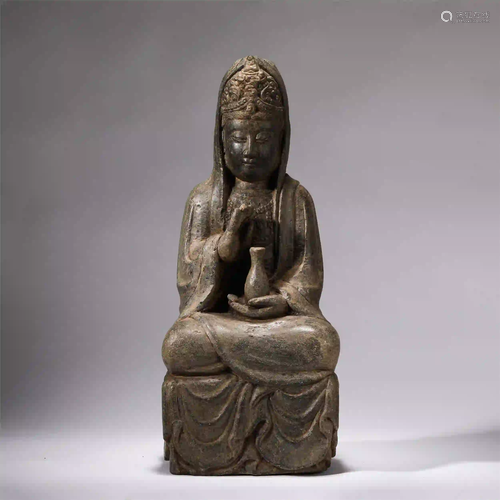 CHINESE STONE CARVED SEATED BODHISATTVA GUANYIN ST…