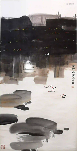 CHINESE PAINTING HANGING SCROLL OF WATER TOWN SCENERY