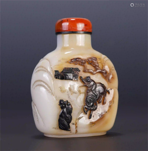 A CHINESE QIAOSE FIGURE STORY AGATE SNUFF BOTTLE