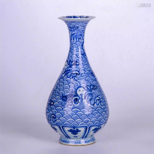 CHINSE BLUE AND WHITE WAVE PATTERN YUHUCHUN VASE