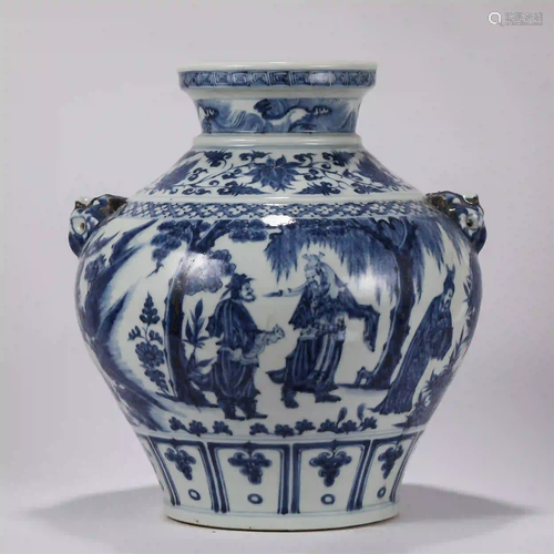 CHINESE BLUE AND WHITE FIGURE STORY DOUBLE HANDLE JAR