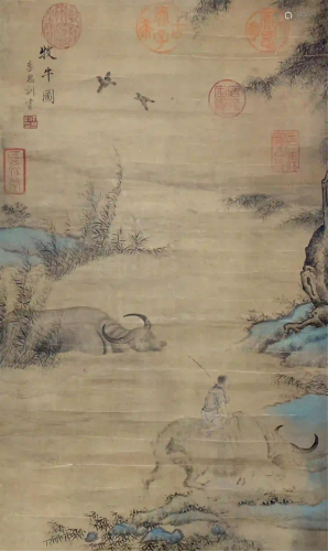 CHINESE PAINTING HANGING SCROLL OF HERDING BUFFALOES