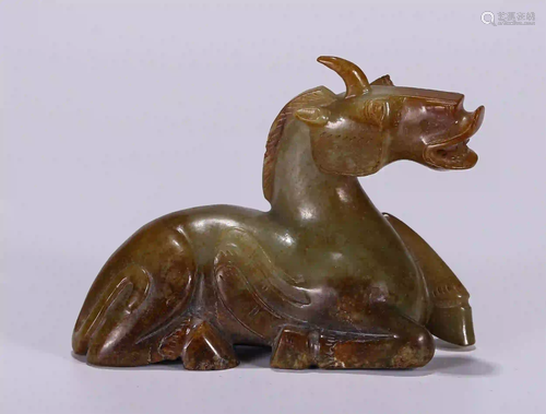 CHINESE HETIAN JADE CARVED CROUCHING HORSE ORNA…