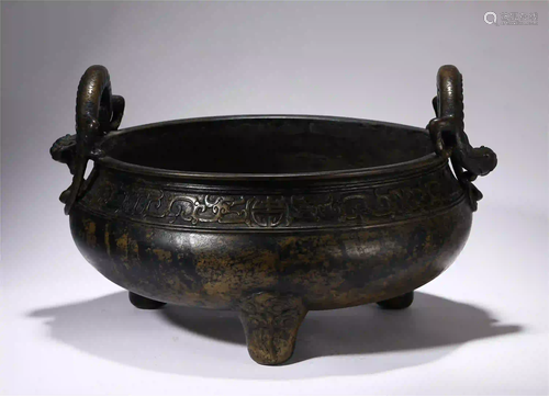 CHINESE BRONZE DRAGON HANDLE TRIPLE-FOOTED CENSER