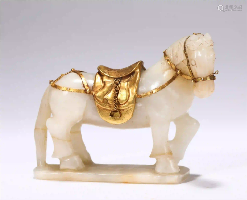 CHINESE JADE INLAID GOLD HORSE SHAPE ORNAMENT