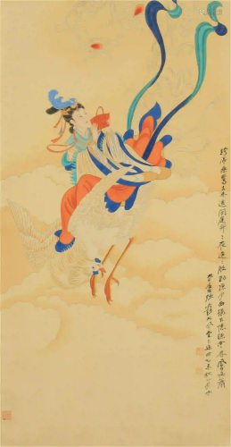 CHINESE COLOR INK PAINTING OF MYTHICAL FIGURE RIDI…