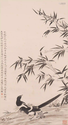 A CHINESE SCROLL PAINTING OF MAGPIE AND BAMBOO