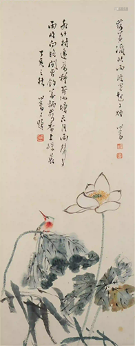 CHINESE PAINTING HANGING SCROLL OF KINGFISHER IN LOTUS