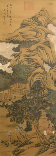 CHINESE SILK PAINTING HANGING SCROLL OF LANDSCAPE …