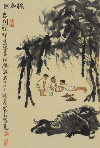 CHINESE INK PAINTING OF BUFFALOES AND BUFFALO BOYS