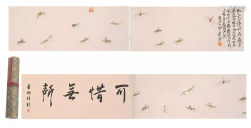 CHINESE HAND SCROLL FINE BRUSHWORK PAINTING OF INSECTS