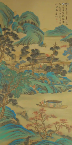 CHINESE PAINTING OF GREEN MOUNTAINS SCENERY AND FIGURE