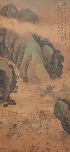 A CHINESE SCROLL PAINTING OF GREEN MOUNTAINS