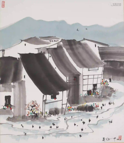 A CHINESE INK PAINTING OF HOUSES