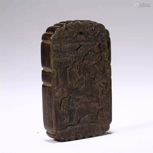 CHIENSE AGALWOOD CARVED FIGURE AND POETIC PROSE TABLET