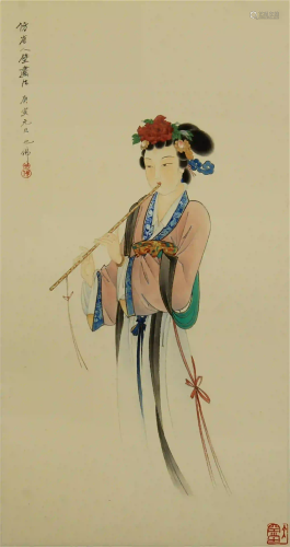 CHINESE LIGHT COLOR PAINTING OF PLAYING FLUTE