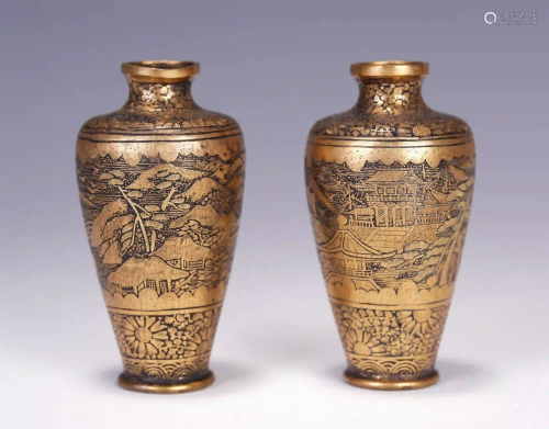 A OAIR OF CHINESE GILT BRONZE LANDSCAPE VIEWS VASES