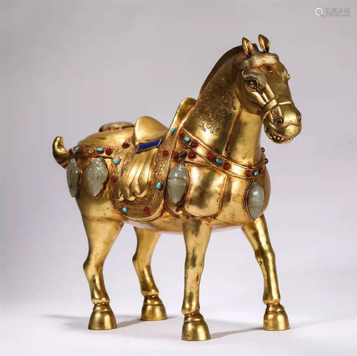 CHINESE GILT BRONZE INLAID JADE AND GEMS HORSE SHAPE