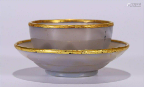 CHINESE GOLD RIM AGATE CUP AND HOLDER