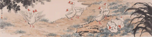 A CHINESE LONG SCROLL PAINTING OF GEESE BESIDES RIVER