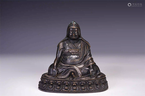 CHINESE BRONZE INLADE SILVER GURU SEATED STATUE