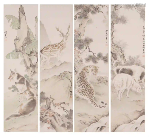 FOUR PANELS OF CHINESE SCROLL PAINTING ANIMALS BY FINE