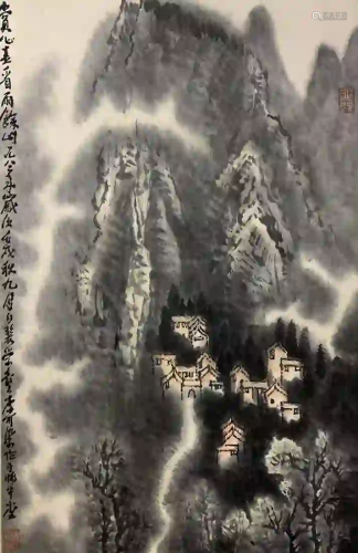 CHINESE SCROLL OF PAINTING INK MOUNTAINS AND HOUSES