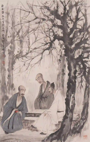 A CHINESE SCROLL PAINTING OF ELDER IN FOREST