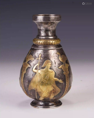 A CHINESE PURE SILVER INLAID GOLD FIGURE STORY BOTTLE