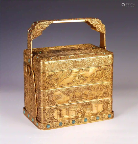 A CHINESE GILT BRONZE CARVED FIGURES STORY MULTILAYER