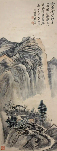 CHINESE SCROLL OF PAINTING HOUSE ON MOUNTAIN