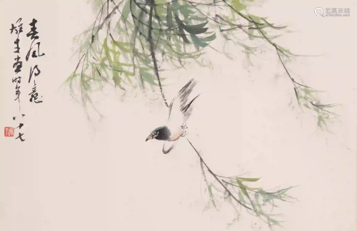 A CHINESE PAINTING OF BIRD STANDING ON BRANCHES