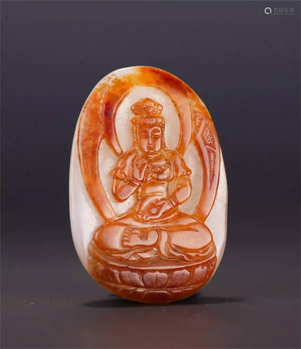 A CHINESE WHITE JADE SEED MATERIAL GUANYIN HANGED
