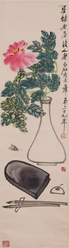 A CHINESE SCROLL COLORFUL PAINTING OF BOGU FLOWERS